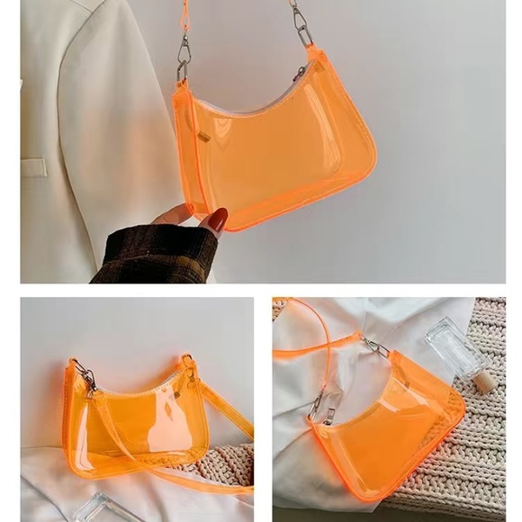 Womens NEW Y2K Neon Orange PVC Zipper Shoulder Bag Clutch Travel Makeup Purse - Picture 5 of 6